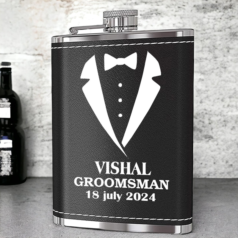 Stylish Groomsman Tribute Custom Black Leather Flask