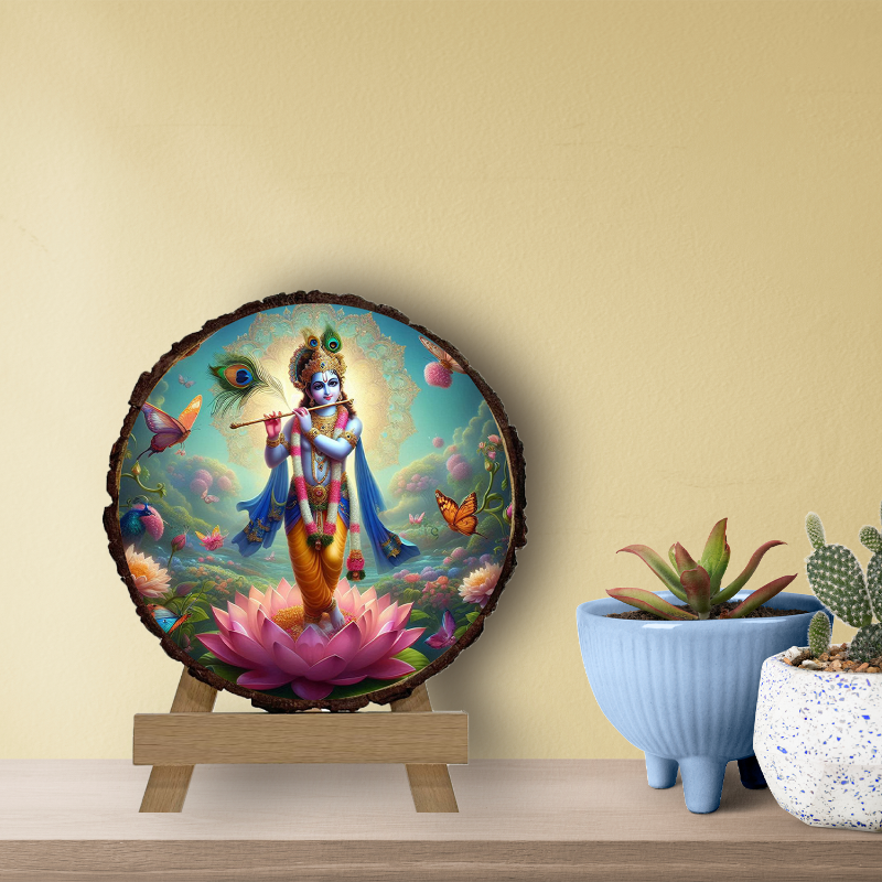A wooden slice frame with a colorful illustration of Krishna, surrounded by a floral design, displayed on a wooden stand.