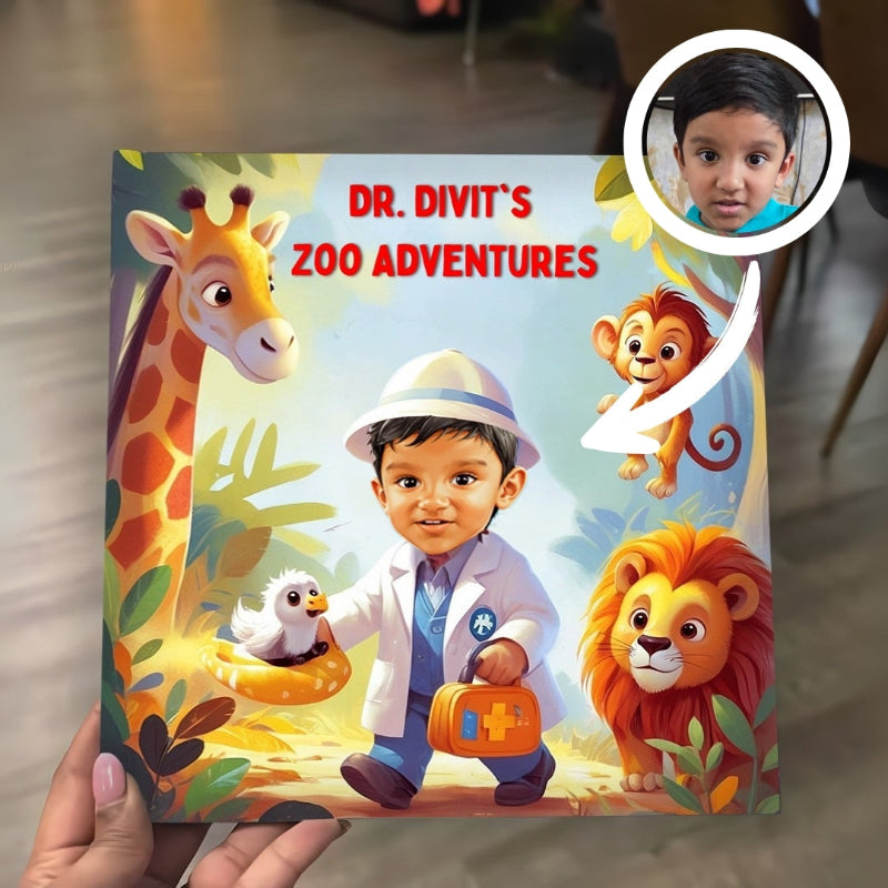Children's book titled 'Dr. Divit's Zoo Adventures' with illustrations of a child, giraffe, lion, and duck.