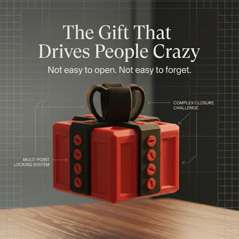 Red aanoying gift box with black accents on a wooden surface and gray background