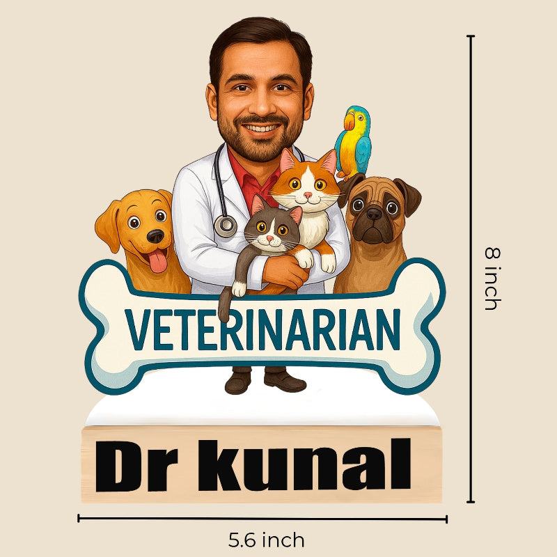 Illustration of a veterinarian with animals on a bone-shaped sign, labeled 'VETERINARIAN Dr kunal' with dimensions.