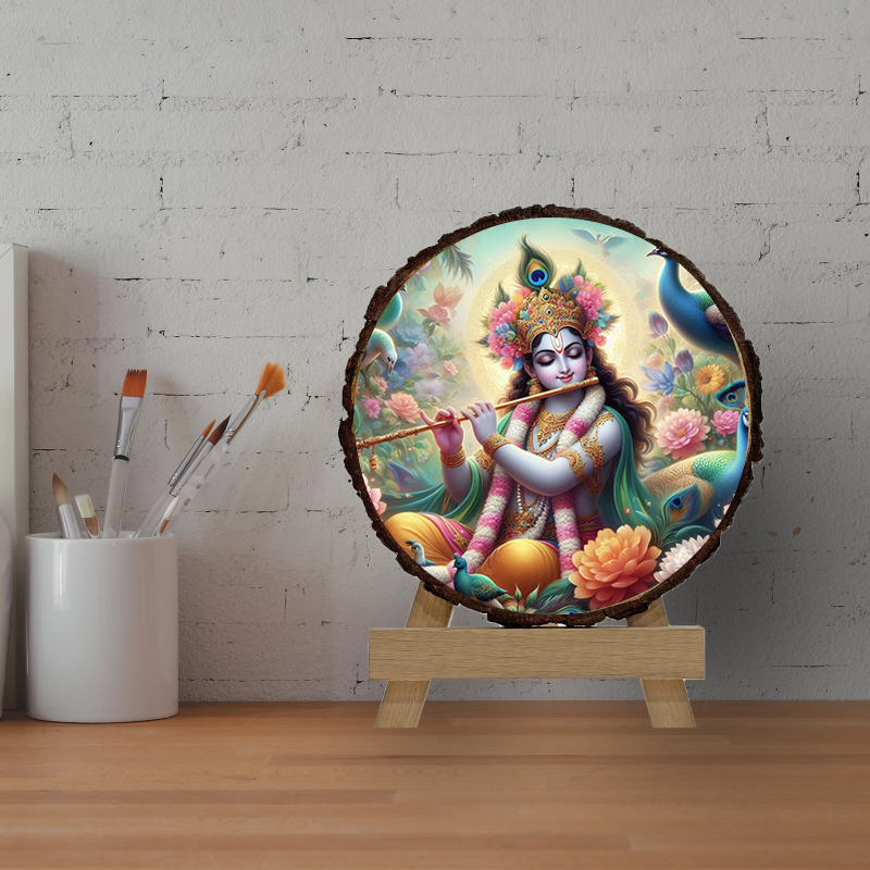 A circular wood slice art piece featuring a colorful illustration of Lord Krishna playing the flute, displayed on a wooden stand.