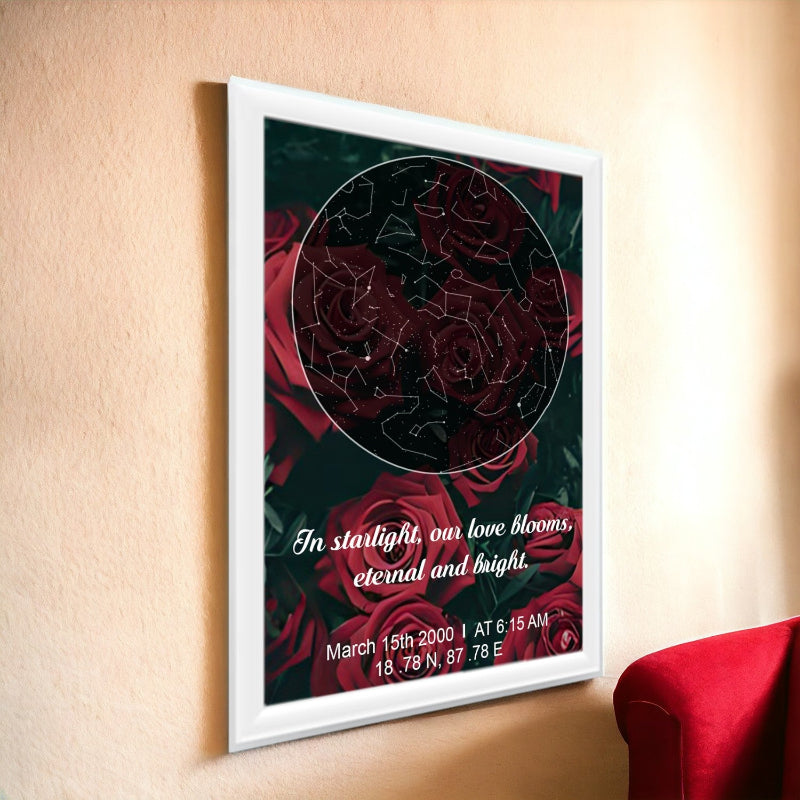 Framed artwork with red roses and constellation design on a beige wall.