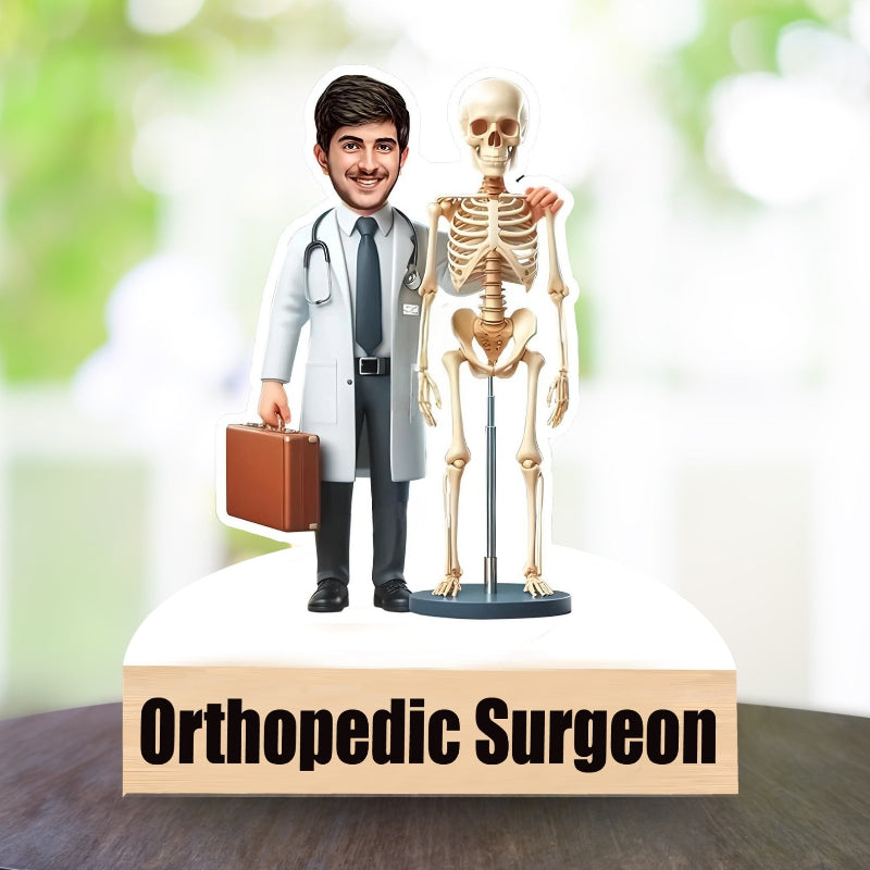 Caricature of an orthopedic surgeon with a skeleton on a wooden block labeled 'Orthopedic Surgeon'.
