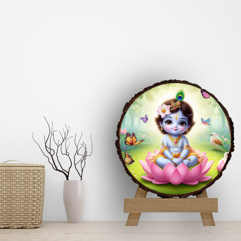 A circular wooden picture frame featuring an illustration of baby Krishna with a serene expression, surrounded by a natural wood texture, with decorative elements like butterflies and flowers in the background.