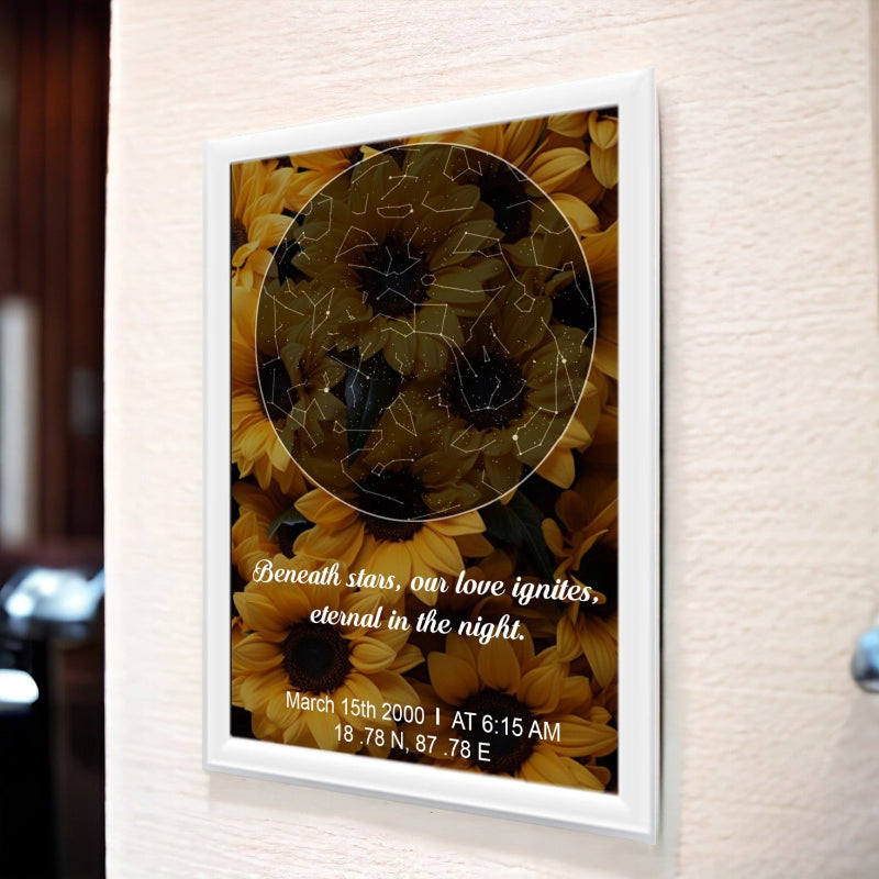 Framed artwork with sunflowers and constellation design on a wall.