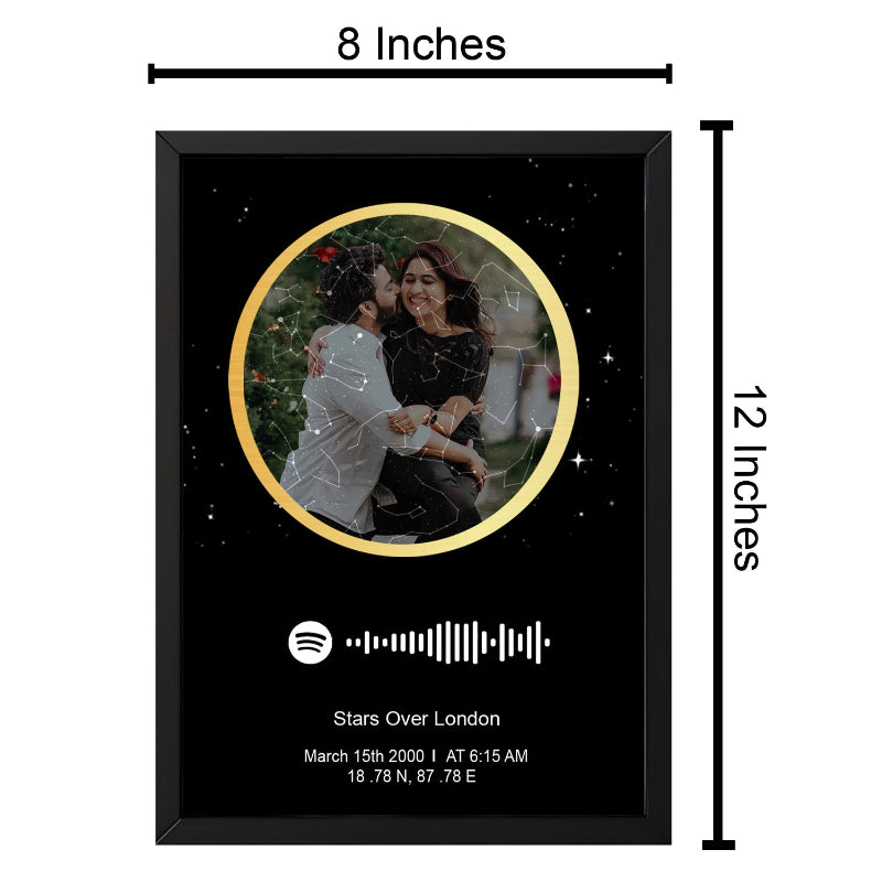 Black photo frame with circular cutout displaying a couple, Spotify logo, and text on a white background.