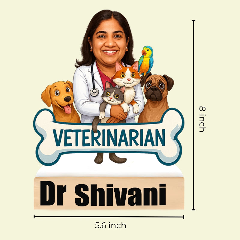 Illustration of a veterinarian with animals and a bone-shaped sign with 'VETERINARIAN' text, featuring dimensions and name 'Dr Shivani'.