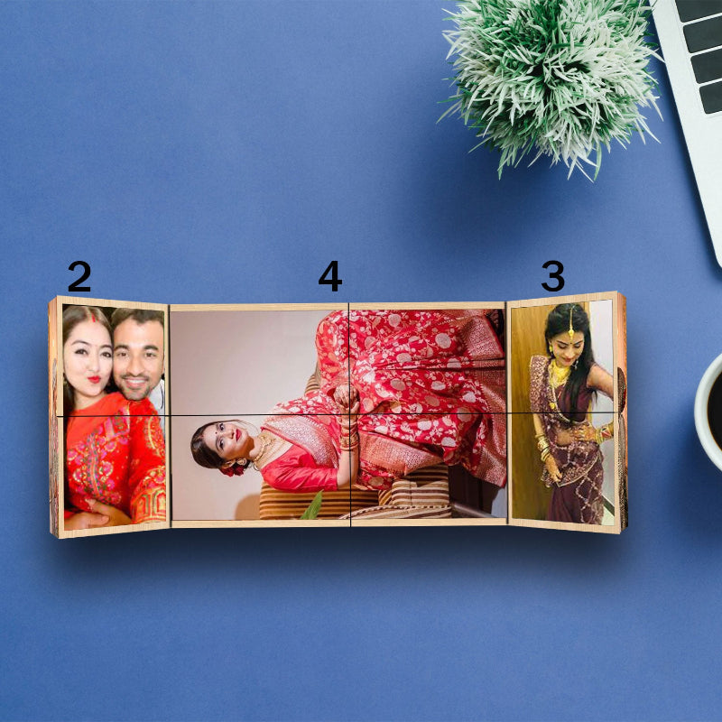 Wooden photo puzzle with four images on a blue background