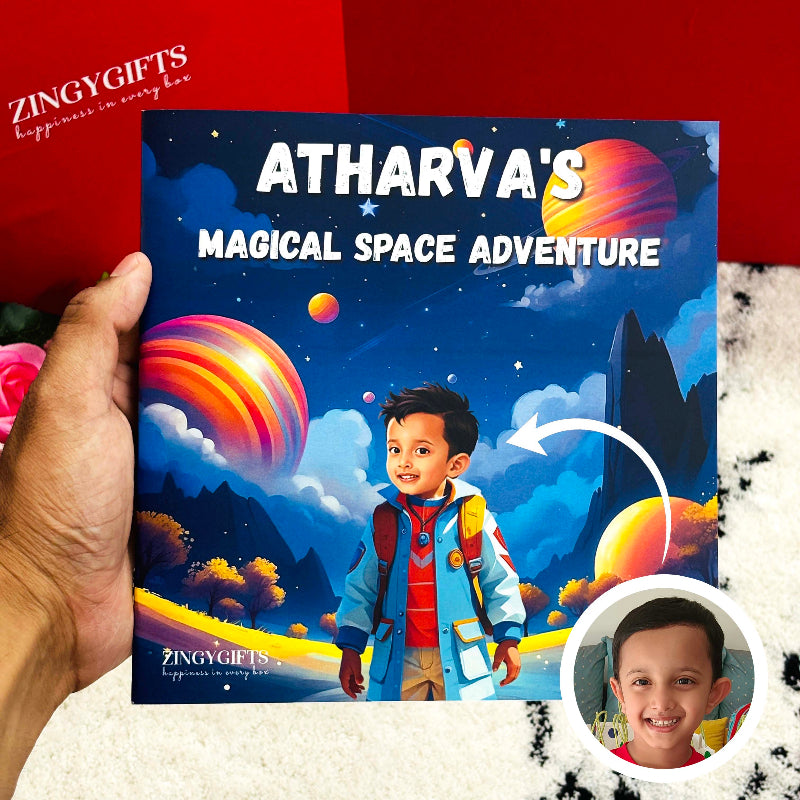 Personalized book titled 'Atharva's Magical Space Adventure' held by a hand with a red background.