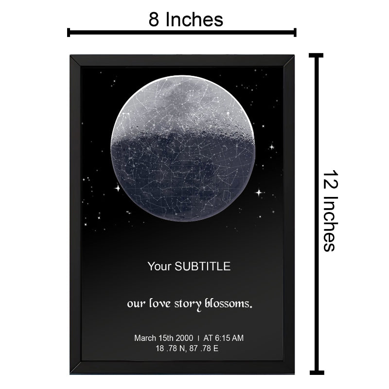 Framed artwork of a moon with dimensions and customizable text on a white background