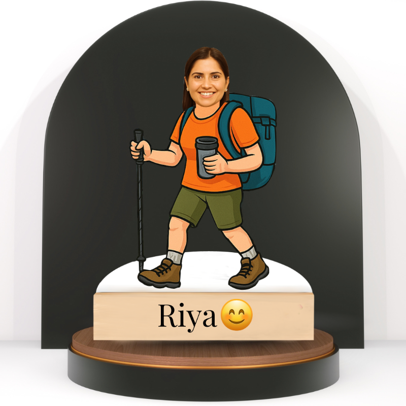 caricature of a person with hiking gear on a stand with 'Riya' and a smiley face.