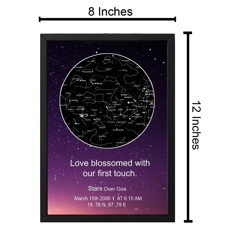 Framed star map with dimensions and personalized text on a white background