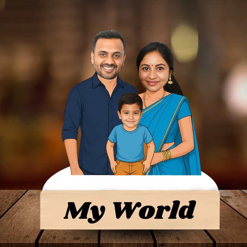 Cartoon-style illustration of a family with a child on a wooden surface, featuring the text 'My World'.