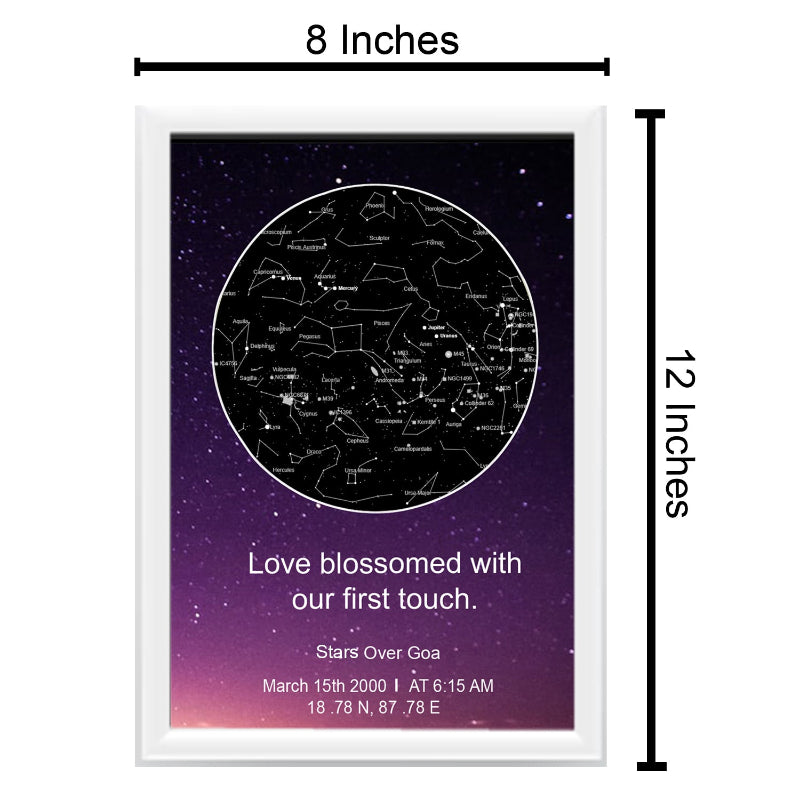 Framed star map with measurements and text on a white background