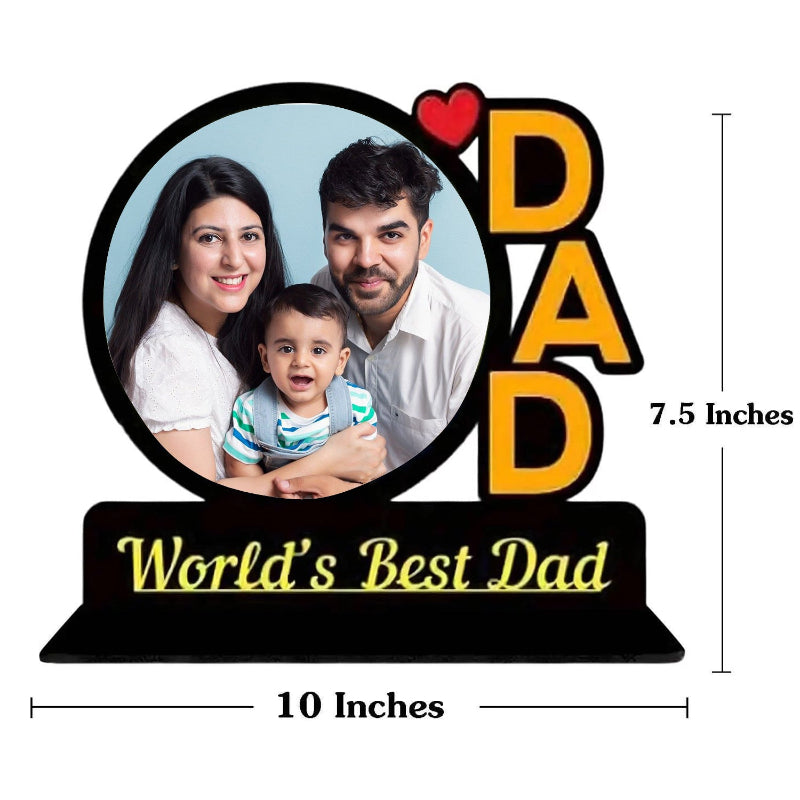 Decorative sign with 'DAD' and 'World's Best Dad' text, featuring a family photo, on a white background.