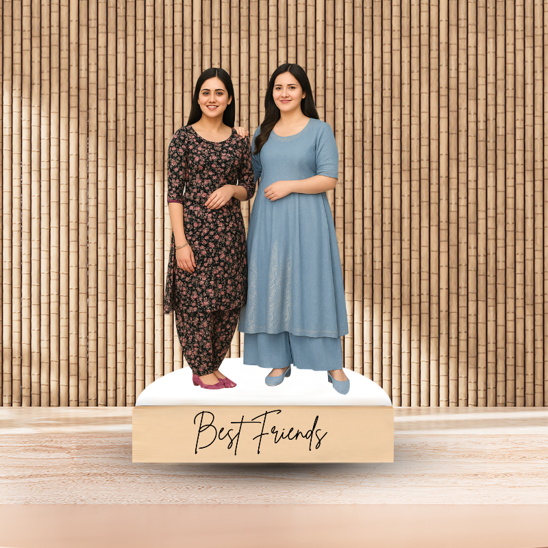 Two women standing on a platform with 'Best Friends' text against a wooden paneled background