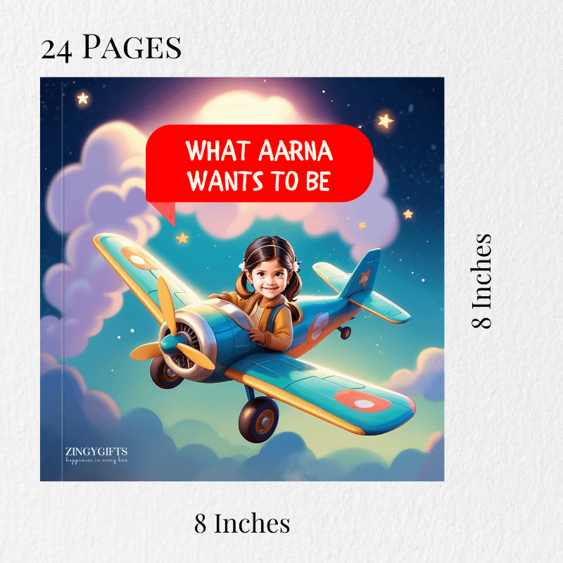 Book cover with a child on an airplane and a red banner saying 'What Aarna Wants to Be' against a night sky with stars and clouds.