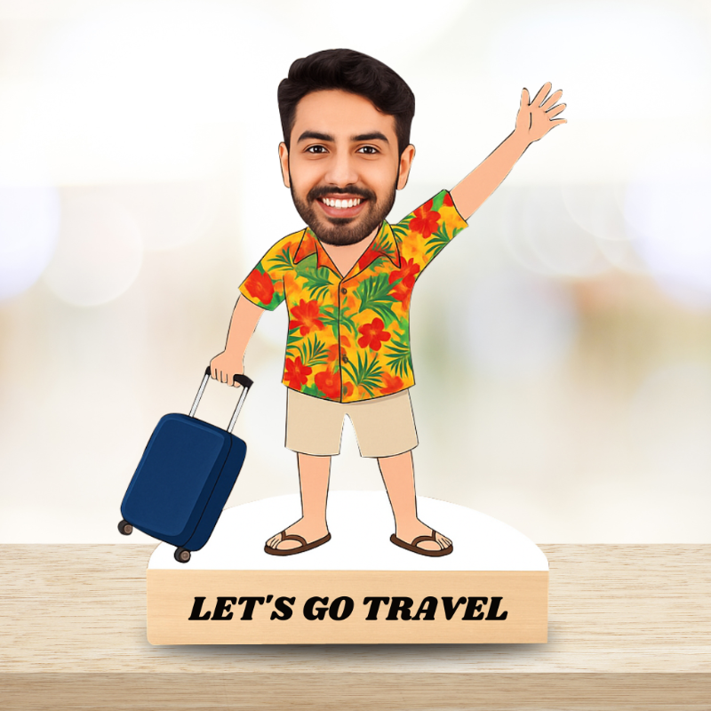 Person in a colorful shirt with a suitcase, standing on a platform with 'LET'S GO TRAVEL' text.