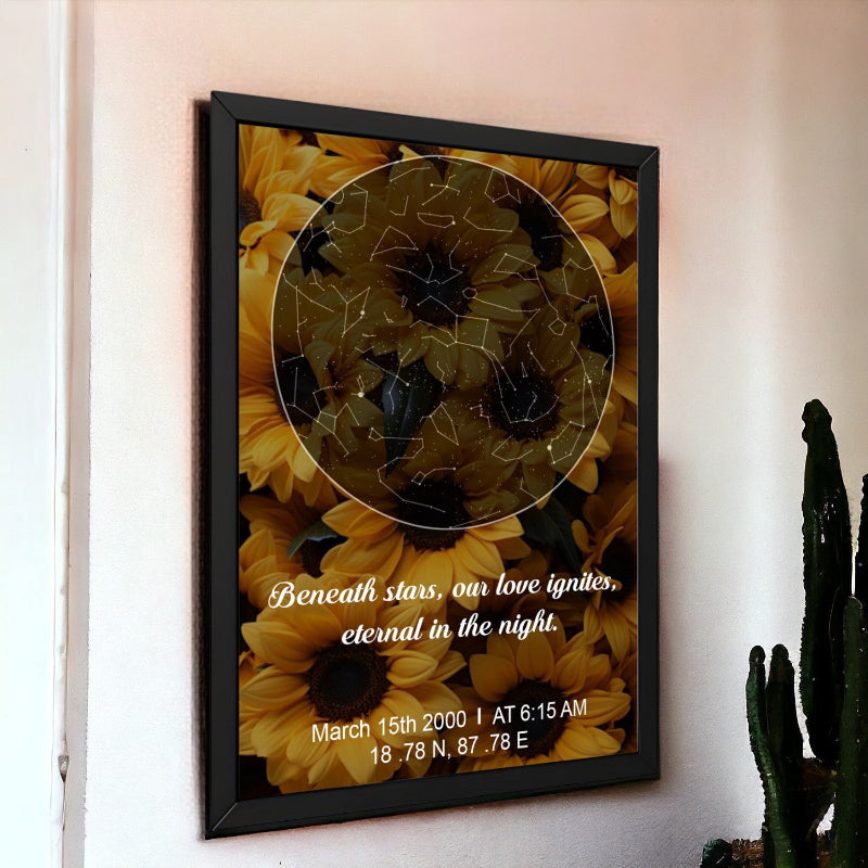 Framed artwork with sunflowers and text on a wall.