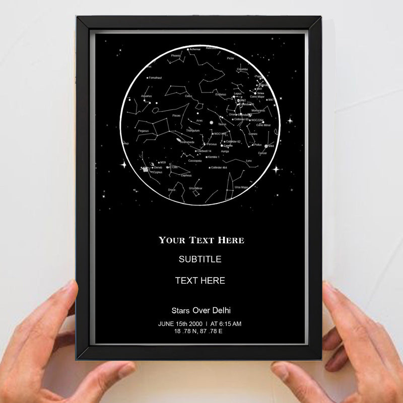 Framed star map with customizable text on a white background