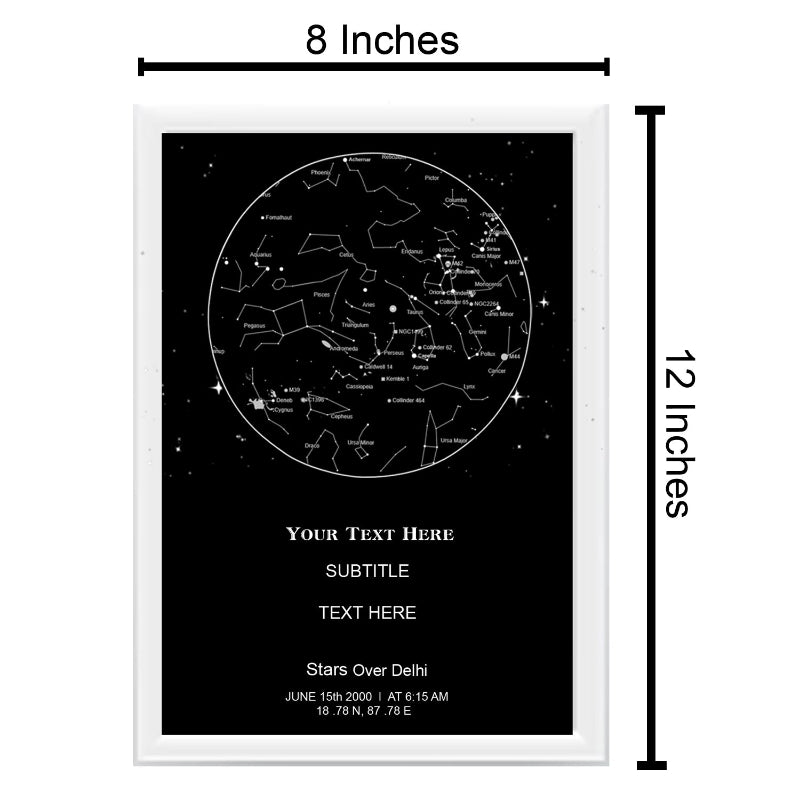 Star map poster with dimensions and customizable text area on a black background