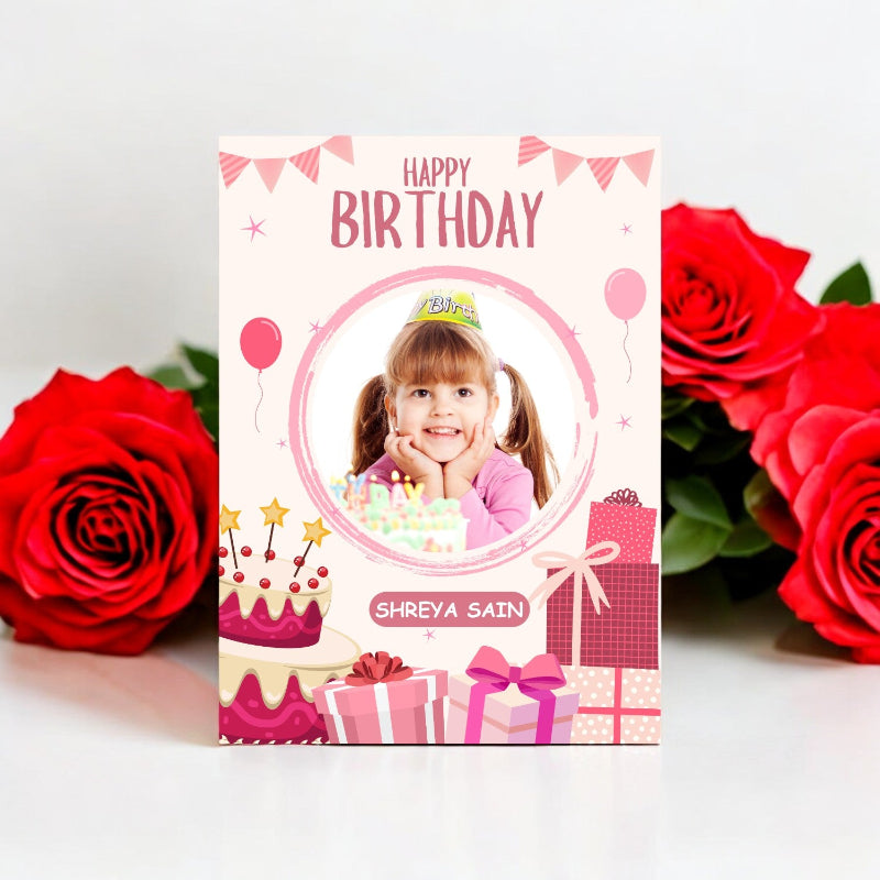 Personalized birthday card with a photo of a girl, surrounded by red roses on a white background.