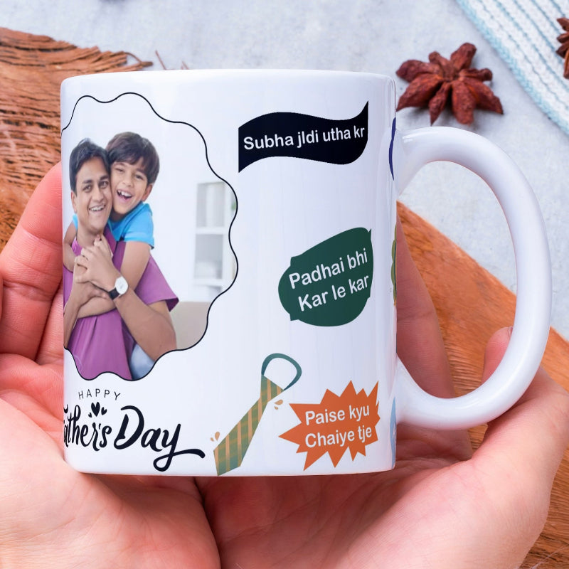 White mug with Father's Day design held by a hand, featuring text and a photo of a father and son.