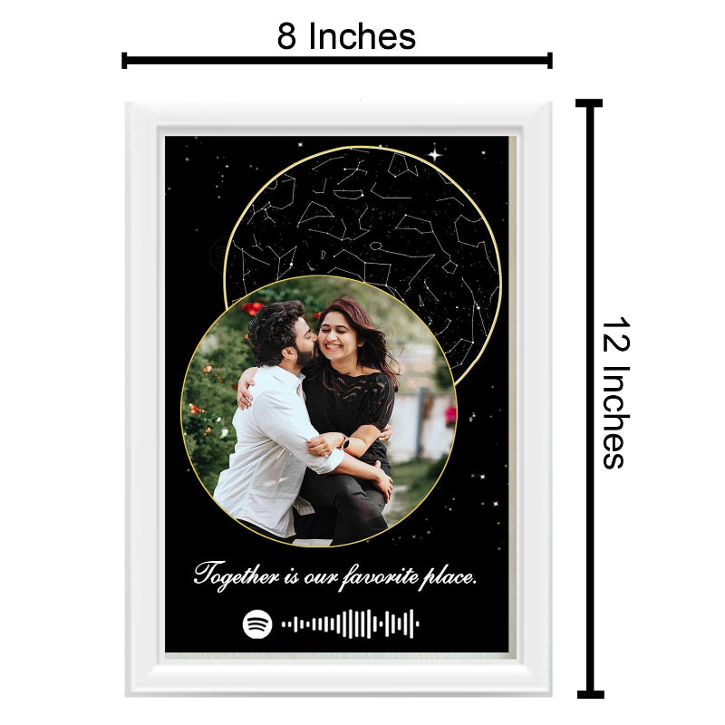 Framed photo of a couple with a starry night design and text 'Together is our favorite place.'