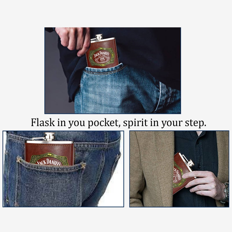 Jack Daniel's flask being placed in a pocket with promotional text.