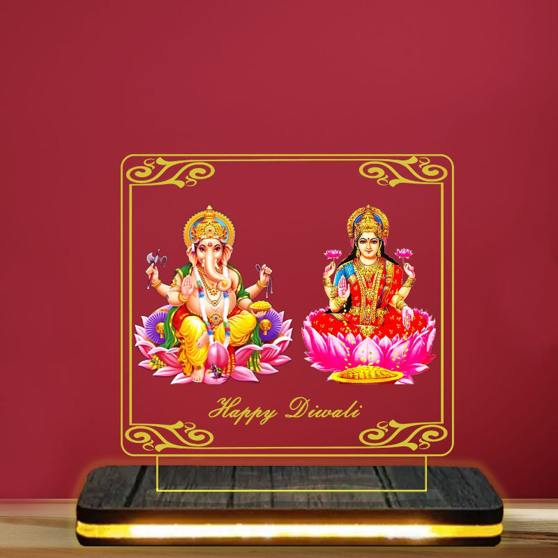 Decorative card with Lord Ganesha and Goddess Lakshmi on a red background with 'Happy Diwali' text.