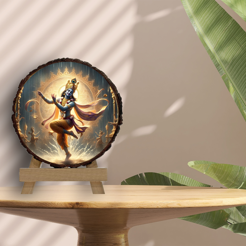 A framed picture of Krishna's divine form, depicted with a serene expression, playing a flute. The picture is set in a simple wooden frame, positioned on a wooden easel, with a green background.