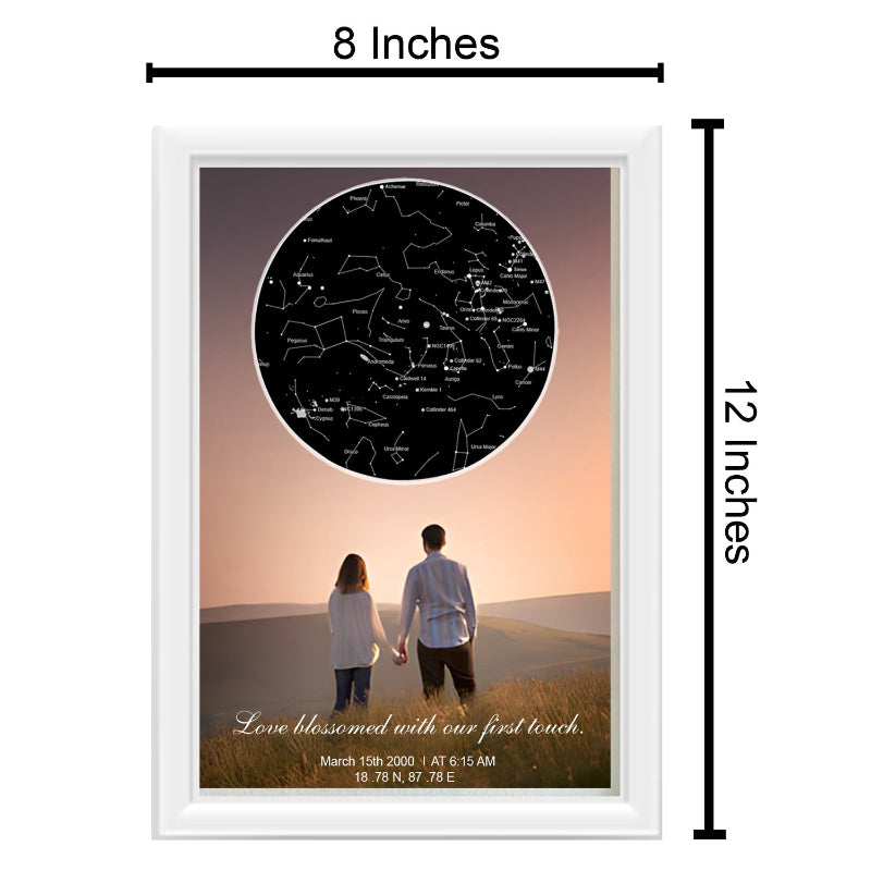 Framed artwork of a couple under a star map with dimensions indicated.