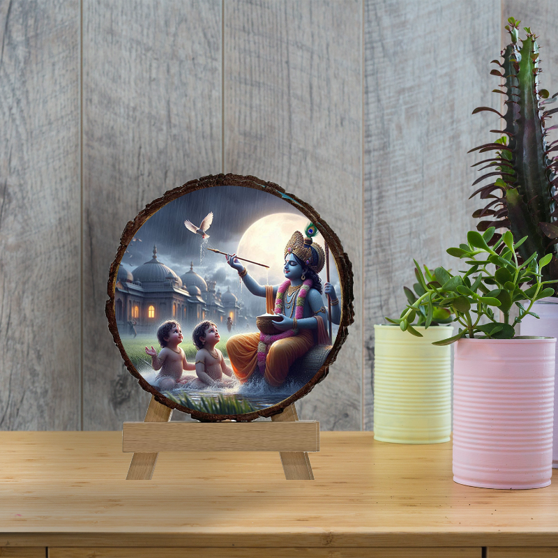 A circular wooden art piece featuring an illustration of Lord Krishna with a serene expression, sitting on a wooden throne with a moonlit background, displayed on a wooden stand.
