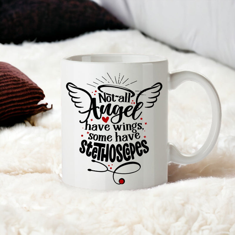 White mug with text design on a soft surface