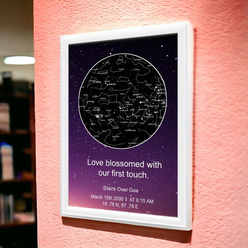 Framed star map poster on a pink wall with text