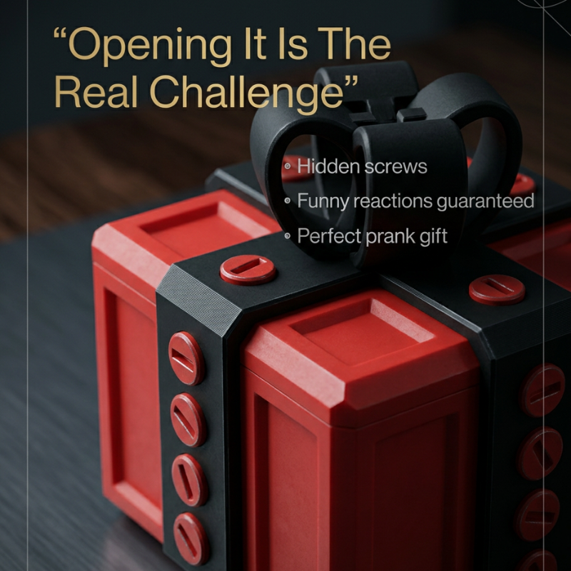 Red and black annoying gift box with hidden screws on a dark surface, text indicating it's a prank gift.