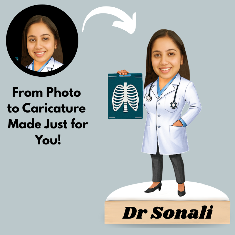 Cartoon caricature of a doctor with a stethoscope and X-ray, with text 'From Photo to Caricature Made Just for You!' and 'Dr Sonali'.