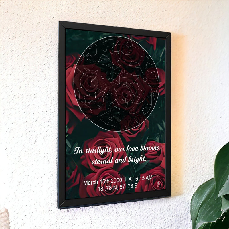 Framed artwork with red roses and text on a white wall