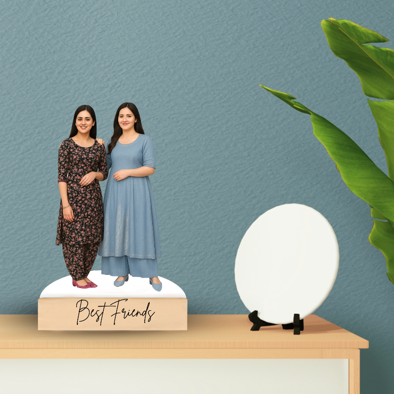 caricature of women standing together with a 'Best Friends' sign on a wooden base against a blue wall.