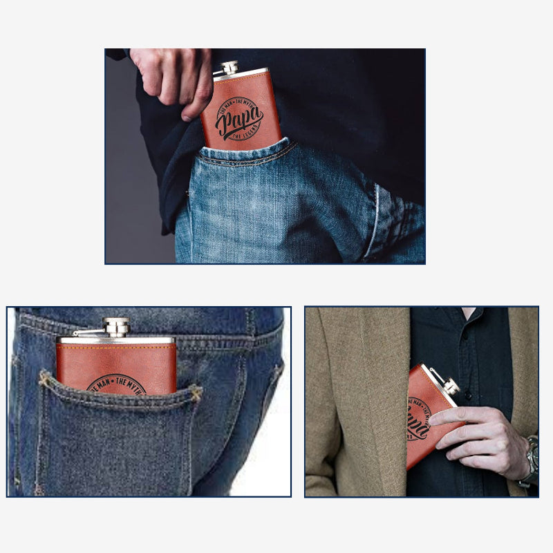 Brown leather flask with silver cap worn in a pocket and held by a person.