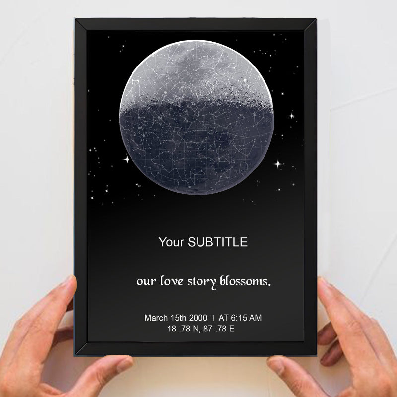 Framed artwork with a celestial design and customizable text, held by hands against a light background.