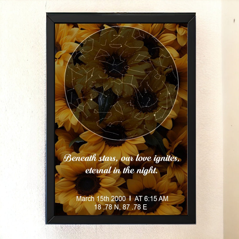 A custom star map frame with a black border, displaying a personalized message and celestial patterns.