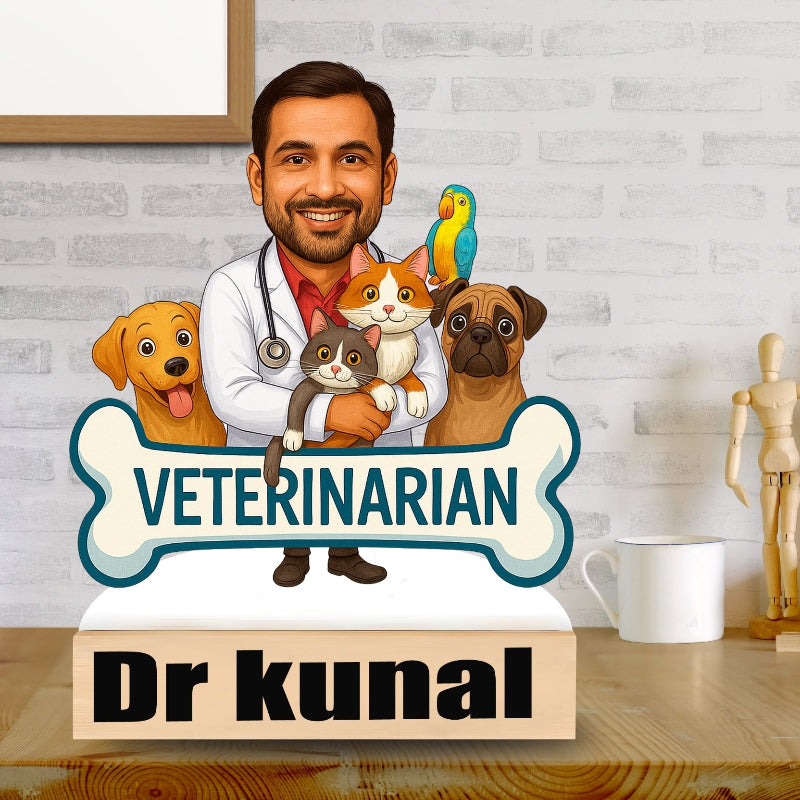Vet with animals and 'Veterinarian Dr Kunal' sign on a desk