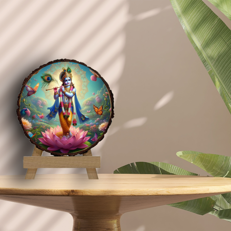 Decorative piece with a colorful depiction of a figure on a lotus flower, placed on a wooden stand against a neutral background.
