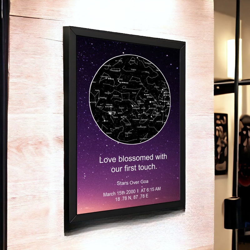 Framed star map with personalized text on a wall