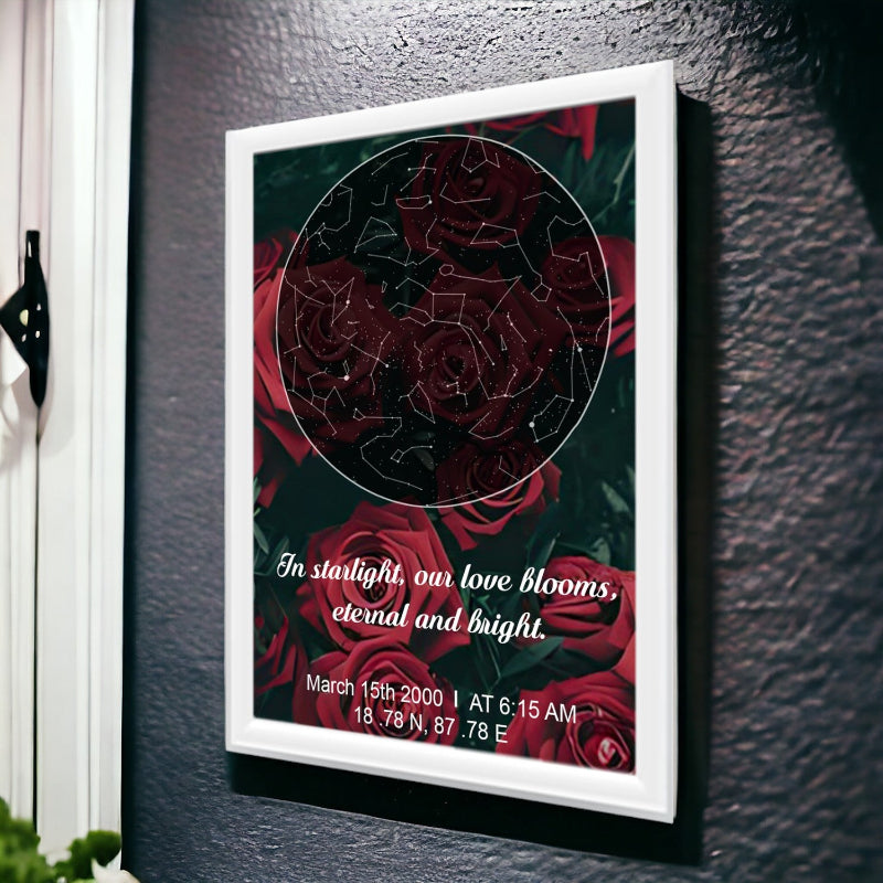 Framed artwork with red roses and text on a dark wall