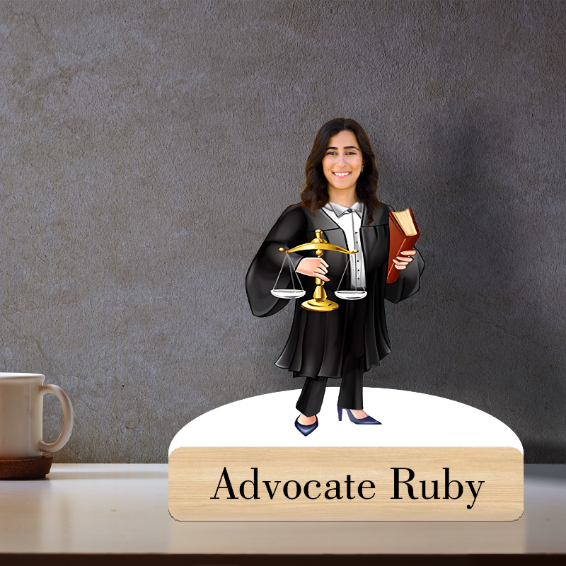 caricatures of a lawyer holding a book and scales on a wooden base with 'Advocate Ruby' text, against a gray background.