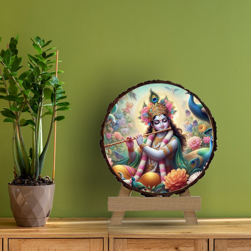 A circular wood slice art piece featuring a colorful illustration of Lord Krishna playing the flute, displayed on a wooden stand.