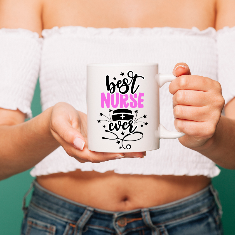 Person holding a mug with 'best nurse ever' text against a teal background